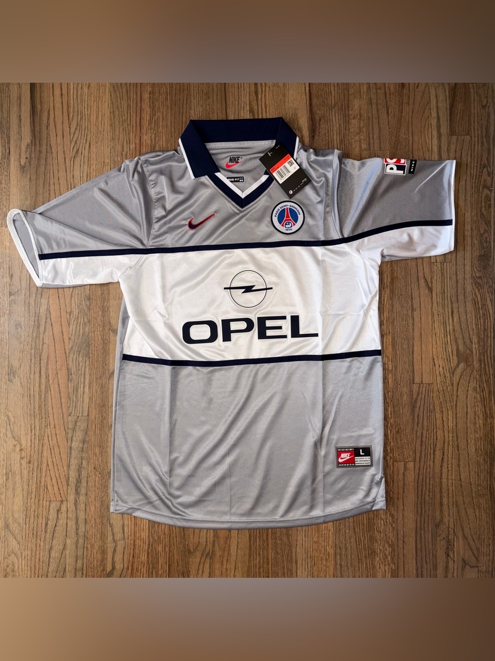 Nike PSG Men's Retro Silver Gray Opel Football/Soccer Jersey with Navy Trim SZ l